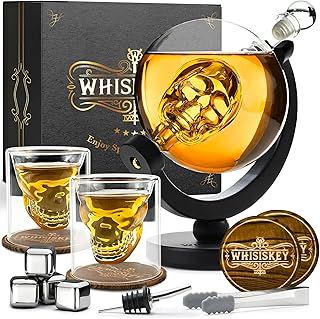 WHISISKEY - Whiskey Decanter Set - 900ML Skull Carafe - Whiskey Gift Sets for Men - Whisky Set - Glass Gifts for Men - Inc. 2 Whiskey Glasses, 4 Whiskey Stones, Accessories