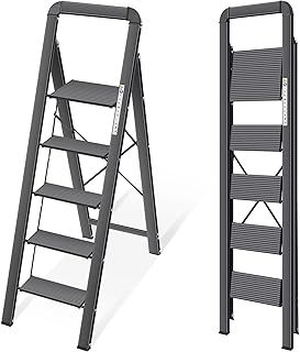 KINGRACK Folding Step Ladder, 5 Steps with Handrail, Non-Slip Aluminium - 150 kg Max Load - Black