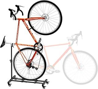 Freestanding Vertical Bike Storage Stand with Wheels, Stable Floor Bike Racks for Garage/Apartment, Indoor Cycle Storage Rack, Adjustable Height, No Drilling Required, Max 10cm Tire Width