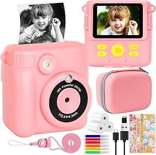 Instant Print Camera for Kids,Christmas Birthday Gifts for Girls Boys Age 3-12, HD Digital Video Cameras for Toddler, 16x Digital Zoom, 2.4" Screen with Storage Bag,32GB SD Card (Pink)