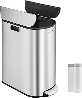 SONGMICS Double Kitchen Bin, 30L and 20L Dual Compartment Slim Bin for Recycling and Waste, Pedal Bin with Wing Lids, Cloud White and Metallic Silver LTB570W02