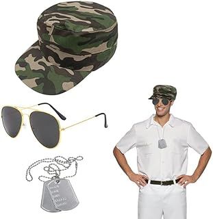 SKHAOVS 3 Pieces Army Fancy Dress Set Solider Aviators Military Cosplay Pilot Costume with Camouflage Hat Sunglasses Dog Tag for Adults Cosplay Dress up Halloween Theme Party Costume Role Play