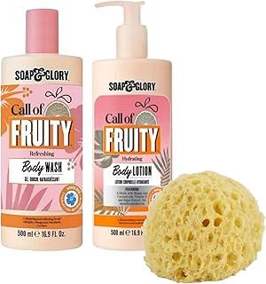 Soap and Glory Call of Fruity Shower Gel Body Wash 500ml and Body Lotion 500ml Bundle with Rainbow Gifts Sponge Set