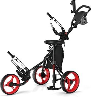 COSTWAY 3 Wheel Golf Push Pull Cart, Lightweight Foldable Golf Trolley with Detachable Stool, 4 Height Position Handle, Adjustable Umbrella Stand, Storage Bag, Cup Holder and Foot Brake