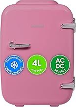 Abode Pink Mini Fridge A4CLR201P 4L/6 Can Portable Thermoelectric Mini Cooler & Warmer for Drinks, Cosmetics/Makeup/Skincare, AC/DC Power, Retro Style, For Bedroom, Home, Caravan, Car