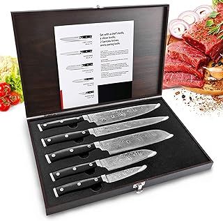 Knife Set, 5 Pieces Professional Kitchen Set with Wooden Box, Stainless Steel Finish, Includes Chef Knife, Slicing 2 Sankotu Knives and Paring