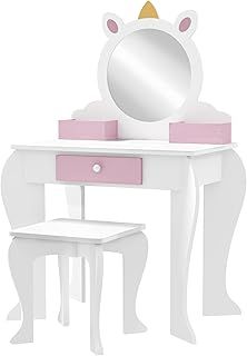 Kids Dressing Table Kids Vanity Table Girls Dressing Table with Mirror and Stool, Drawer, Storage Boxes, Unicorn Design, for Toddles Ages 3-6 Years - White and Pink