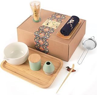 Artcome Japanese Matcha Tea Set, Matcha Bowl with Pouring Spout, Tea Tray, Matcha Whisk, Ceramic Whisk Holder, Matcha Powder Caddy, Handmade Matcha Ceremony Kit for Japanese Tea Ceremony (10Pcs)