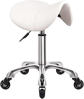 Saddle Stool On Wheels Swivel Adjustable Thick Leather Seat Beauty Chair For Kitchen Drafting Lab Office Massage Stool White