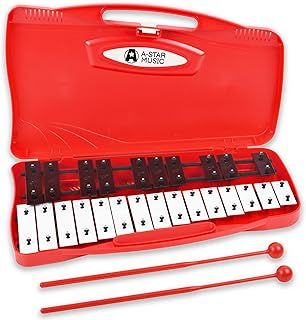 A-Star 25 Note Soprano Chromatic Glockenspiel Xylophone in Red Case with Black/White Keys and Two Plastic Beaters - 2 Octaves G5 to G7