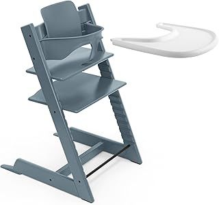 Stokke Tripp Trapp High Chair (Fjord Blue) With White Tray - Includes Baby Set 2 for Children 6-36 Months - Adjustable, Ergonomic & Easy to Clean