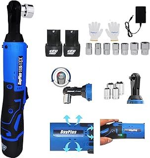 Electric Cordless Right Ratchet 3/8'' 90° Angle Wrench with LED Work Light +7pcs Sockets Set, 40N.m Torque 12V Power Ratchet Wrenches Set with 2pcs 1500mAh Li-Ion Batteries and 1pcs Fast Charger