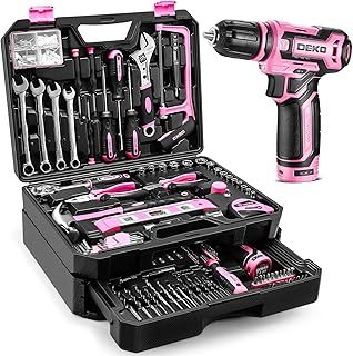 Pink Tool Kit Box Drill Set：DEKO Home Mechanic Toolbox with 12V Power Cordless Drill Hand Repair Tools Sets Combo Kits Storage Organizer Drawer Case for Women