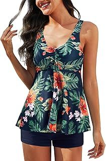 Two Piece Tankini Swimsuits for Women Bathing Suits Floral Print Tank Top with Boyshorts Modest Swimwear Swimming Costume