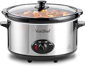 VonShef Slow Cooker 6.5L with Easy Clean Removable Oven to Table Dish, Glass Lid & 3 Heat Settings- High/Low Power Mode & Keep Warm Function- For Soups, Stews, Casseroles & Curries- Stainless Steel