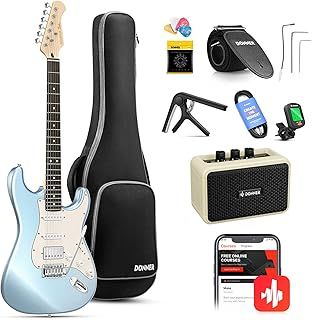 Donner Electric Guitar, 39" Electric Guitar Kit HSS Pickup Coil Split, DST-152R Beginner Set with Amp, Bag, Capo, Strap, String, Tuner, Cable, Picks, Metallic Ice Blue