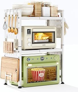 SAYZH Expandable 3 Tier White Metal Microwave Shelf, 17.4-27.4 Inch Adjustable Kitchen Counter Organizer with 10 Hooks/Cutting Board Holder/Rag Rack