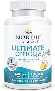 Nordic Naturals, Ultimate Omega Xtra, 1480mg, with EPA, DHA and Vitamin D3, High Dose, Lemon Flavour, 60 Softgels, Lab-Tested, Soy Free, Gluten Free, Non GMO