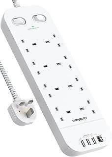Extension Lead with USB Slots, 8 Way Outlets Power Strip with 4 USB Ports, 1800J Surge Protection Double Switch Plug Extension with 1.8M Braided Extension Cord for Home, Office