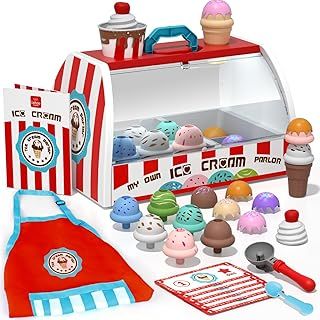 Ice Cream Toys for Kids, Ice Cream Shop, Play Food, Play Kitchen Accessories, Ice Cream Toy, Toy Food, Kitchen Toys for Girls, Ice Cream Set, Gift for 3 Year Old Boy Or Girl(Red)