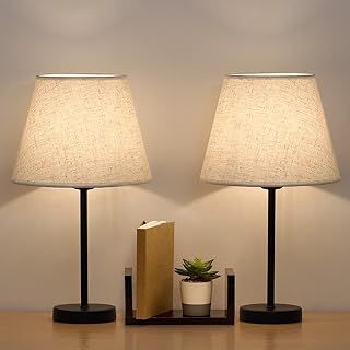 LIANTRAL Bedside Table Lamps Set of 2, Modern Small Desk Lamp with Linen Fabric Shades & Black Metal Frame for Bedroom, Living Room, Office
