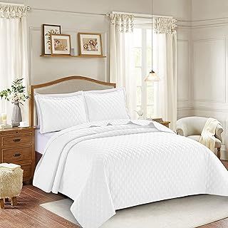 PRIME LINENS 3 Piece Inspiration Quilted Bedspread Embossed Pattern Comforter Bedding Set Bed Throw with Pillow Case (White, Double 3 Piece)