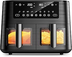 9L Dual Air Fryer with Visual Window, XL Large Capacity, 2 Drawers, 9-In-1 Cooking Presets, Touch Screen, Smart Finish, Timer Function, Dishwasher-Safe, Healthy Oil Free & Low Fat Cooking