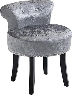 HOMCOM Dressing Table Stool w/Rubber Wood Legs Ice Velvet Makeup Seat Dressing Chair High Elastic Sponge Chair for Living Room Dressing Room Bedroom - Grey