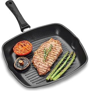Andrew James Griddle Pan for All Hobs Incl Induction, Gas BBQs, Fire Pits & Camping Stoves, Oven-Proof Non-Stick Aluminium Pan with Removable Handle, Delicious Chargrilled Meat Chicken Fish & Veg