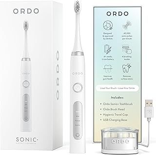 Ordo Sonic+ Electric Toothbrush for Adults, Advanced Tech, 4 Brushing Modes, Fast Rechargeable, Sonic Toothbrushes Over 4 Weeks Battery Life, Silicone Polishing Element, USB Charger, White Silver