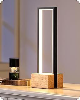 EDISHINE Touch Bedside Lamp, Dimmable LED Table Lamp 3 Colour Temperatures, Modern Square Small Lamp for Bedroom Living Room, Wooden Base, Black Aluminum Frame