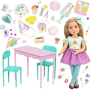 Glitter Girls - Poseable 14 Inch Doll Sashka and Surprise Birthday Party Set - Table and Chairs Furniture - Play Food Cake, Candy and Decoration Accessories - Toys for Kids Ages 3+