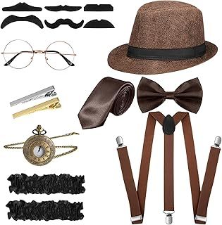 1920s Men Costume Accessories Set Roaring Retro Gangster Costume, Hat, Bow Tie, Pocket Watch, Suspender, Glasses, Beard, Armband Garters, Tie Clips (Brown, Simple Style)