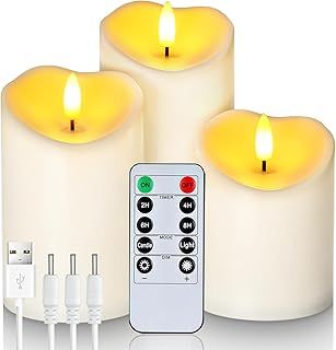 Rechargeable Flameless Candles, LED Candles, Battery Operated Candles with Remote and Timers, Outdoor Waterproof, Long Lasting, Set of 3
