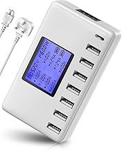 USB Charging Station, Ziwodiv 60W USB C Charger 8-Port Multi USB Plug, USB Charging Hub with LCD Display for Multiple Devices, Desktop Charger for iPhone 15/14/13, iPad, Samsung Galaxy, Android-White