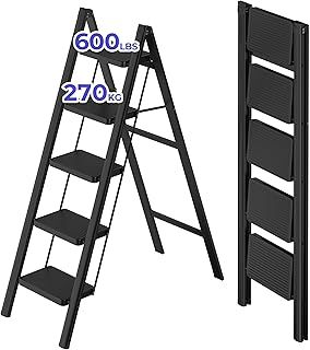 JOISCOPE 5-Step Folding Ladder - 270 KG Load Capacity, Anti-Slip Wide Treads, Portable & Multifunctional for Indoor/Outdoor, White