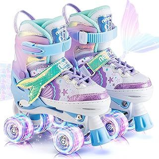 NEMONE Mermaid 4 Size Adjustable Roller Skates for Girls with 8 Light up Wheels, Purple Blue Roller Skates for Kids Youth, Beginner Skates Indoor Outdoor