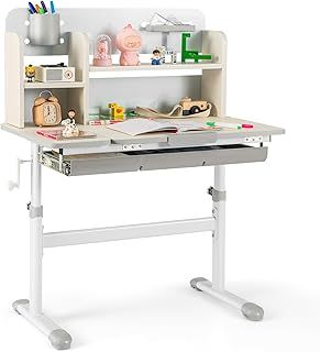 GYMAX Kids Desk, Height Adjustable Writing Table with Tiltable Desktop, Storage Shelf, Drawer, Pen Holder & Ruler, School Home Children Study Desk for 3-12 Years Old Boys Girls (Blue)
