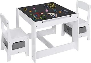 Children’s Table and Chair Set with Storage Kids Desk with 2 Chairs Reversible Tabletop Blackboard Paper Roll, for Toddler, Nursery, Playroom, Preschool Furniture