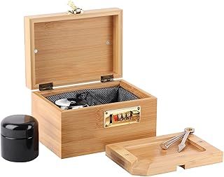 OZCHIN Bamboo Box with Combination Lock Decorative box for Home Locking Storage Bamboo Box Set with Glass Jar Tray Great Christmas Xmas Gifts for Women Men 17 x 12 x 10 cm
