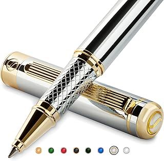 Silver Chrome Rollerball Pen - Stunning Luxury Pen with 24K Gold Finish, Schmidt Ink Refill, Best Roller Ball Pen Gift Set for Men & Women, Professional, Executive Office, Nice, Fancy Pens