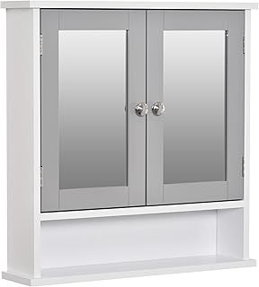 kleankin Mirror Cabinet Wall Mounted with Double Mirrored Doors, Hanging Cabinet with Cupboard and Shelf, Bathroom Wall Storage Organizer, Grey