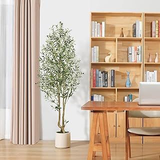 6FT Artificial Olive Tree, Faux Olive Tree with Curved Trunk & Lifelike Olive Leaves in White Pots, 6 Feet Big Tall Fake Tree Plants for Home Office Living Room Indoor Outdoor Decor, 180cm