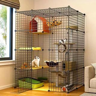 AUTO HIGH 4-Tier Cat Cage Indoor Enclosure DIY Cat Playpen with 4 Doors, 3 Ladders，1 Hammock, and Skylight for 1-3 Cats，Detachable Mental Wire Cat House,105x70x140cm, Black
