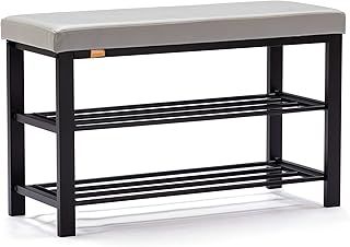 Canopus Shoe Bench,3-tier Shoe Rack Shelf Organiser with Padded Cushion Seat, Steel Frame, for Entryway, Hallway Living Room Industrial Accent Furniture 81x32xH50cm (Light Grey, Faux Leather)