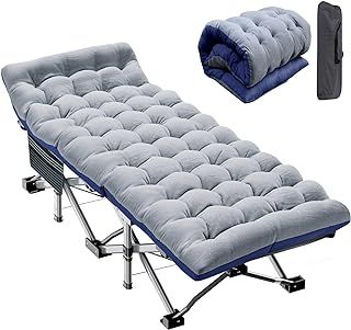 Meulbaty Folding Camp Bed 190x71x36CM for Adults, 200KG Load Outdoor Camping Cot with Cushion & Side Pocket, Steel Frame+Oxford Fabric Fishing Bed, Lightweight Recliner/Sun Lounger for Balcony/Garden