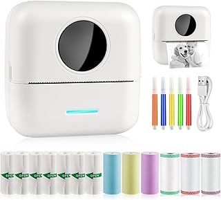 GuKKK Mini Printer, Mobile Photo Printer, Portable, Wireless Thermal Printer, with 13 Rolls of Printer Paper and 5 Colouring Pencils, for Learning Aid, Learning Notes, Journal, Notes, List