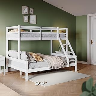Bunk Bed with Ladder, Solid Pine Wood Bed Frame, Single 3 Foot Bed Set, Sleeper Bed For Kids Children Home, White