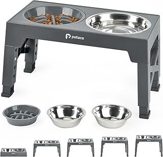 Petace Elevated Dog Bowls for Large Dogs, Raised Dog Bowl Stand with Slow Feeder Bowl & 2 Stainless Steel Dog Food Bowls, 5 Heights Adjustable for Small Medium Large Dogs and Pets