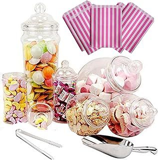 Purple Square 6 Jar Retro Pick & Mix Victorian Sweet Shop Candy Buffet Kit Party Pack with Scoop, Tongs & Bags - Pink Stripe